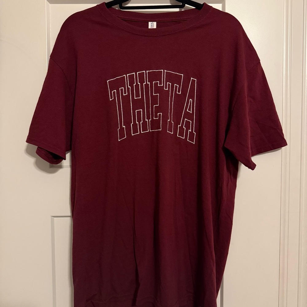 Theta Sorority Maroon Embroidered T-Shirt | The Letter Market | Size Large